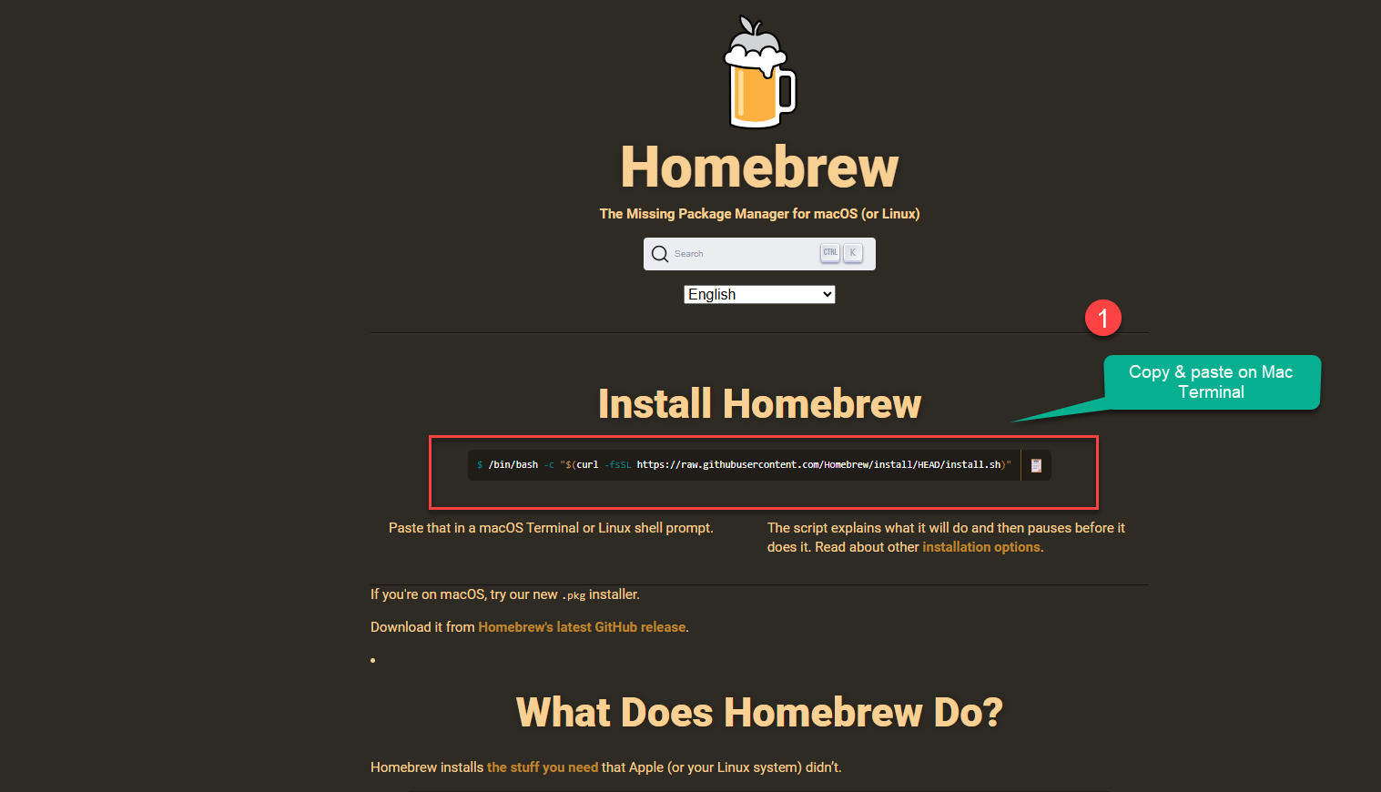 Homebrew website with the Install Homebrew command highlighted