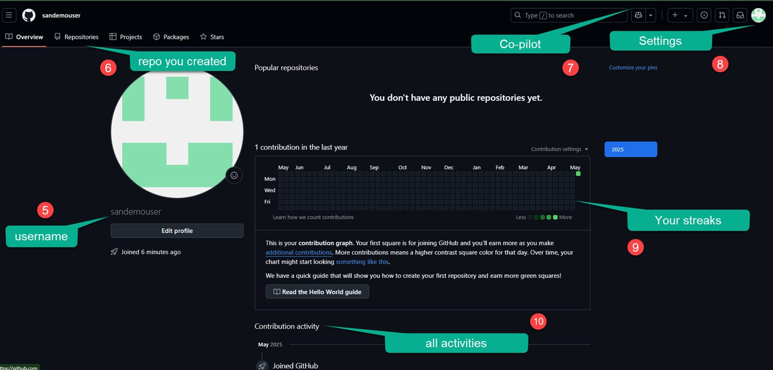 GitHub dashboard with numbered markers on the username, repositories, Copilot, settings, activity graph and monthly summary